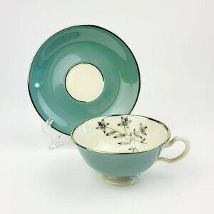Lenox Kingsley Teacup & Saucer Teal Band Platinum Trim Floral Center c1954-79
